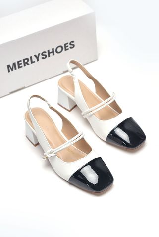 Giày Búp Bê Cao Gót Có Quai Ngang Đen Trắng 5cm Slingback Merly