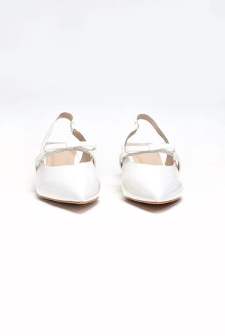 Giày Cao Gót Slingback Mũi Nhọn Trắng Đế Thấp 3cm Quai Ngang Đính Nơ Merly 1602 Trắng Bóng, Giày Cao Gót Big Size, Giày Đi Tiệc, Giày Cưới Cô Dâu