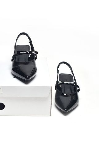 Giày Cao Gót Đen Mũi Nhọn Quai Ngang Đính Nơ Đế Nhọn 3cm Merly 1602 Đen Bóng, Giày Cao Gót Big Size, Giày Cao Gót Slingback Hở Gót, Giày Đế Thấp 3p, Giày Công Sở Nữ Êm Chân
