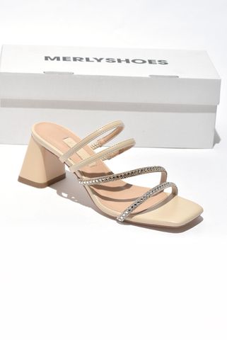 Dép Cao Gót Đế Vuông 7cm Dây Mảnh Đính Đá Nude, Giày Đi Tiệc, Guốc Cao Gót Đính Đá, Sandal Dây, Sandal Cao Gót, Giày Đi Tiệc, Giày Cao Gót Big Size Thương Hiệu Merly 1528 Màu Kem