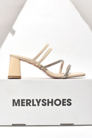 Dép Cao Gót Đế Vuông 7cm Dây Mảnh Đính Đá Nude, Giày Đi Tiệc, Guốc Cao Gót Đính Đá, Sandal Dây, Sandal Cao Gót, Giày Đi Tiệc, Giày Cao Gót Big Size Thương Hiệu Merly 1528 Màu Kem