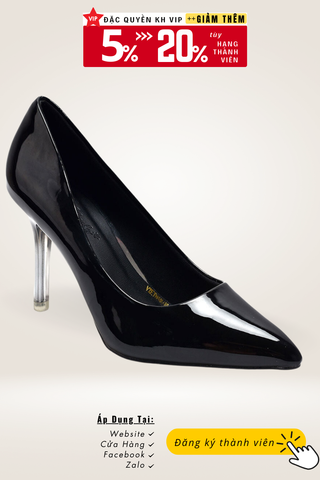Giày Cao Gót Đen Mũi Nhọn 7cm 9cm Da Bóng Gót Trong Suốt, Giày Cao Gót Big Size Cao Cấp