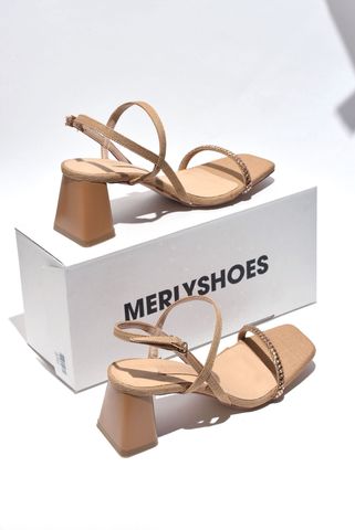 Giày Đi Tiệc Sandals Dây Mảnh Đính Đá Cao Gót Đế Vuông 5cm - 6cm Màu Nâu Tây Vintage Merly 1404, Giày Cao Gót Big Size, Xăng Đan Cao Gót Đi Tiệc Nữ