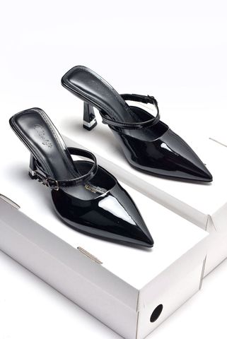 Giày Sục Cao Gót Quai Ngang Mũi Nhọn Hở Gót, Sục Cao Gót Đen Mũi Nhọn 7cm- Merly 1587 Đen Bóng, Giày Cao Gót Big Size, Giày Đi Tiệc, Giày Công Sở Nữ, Dép Cao Gót