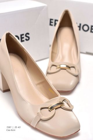 Giày Cao Gót Mũi Vuông Đế Vuông 6cm Khóa Gucci Đế Trụ 6cm Merly 1581 Màu Nude Kem Nâu Sáng Da, Giày Cao Gót Big Size, Giày Công Sở Nữ