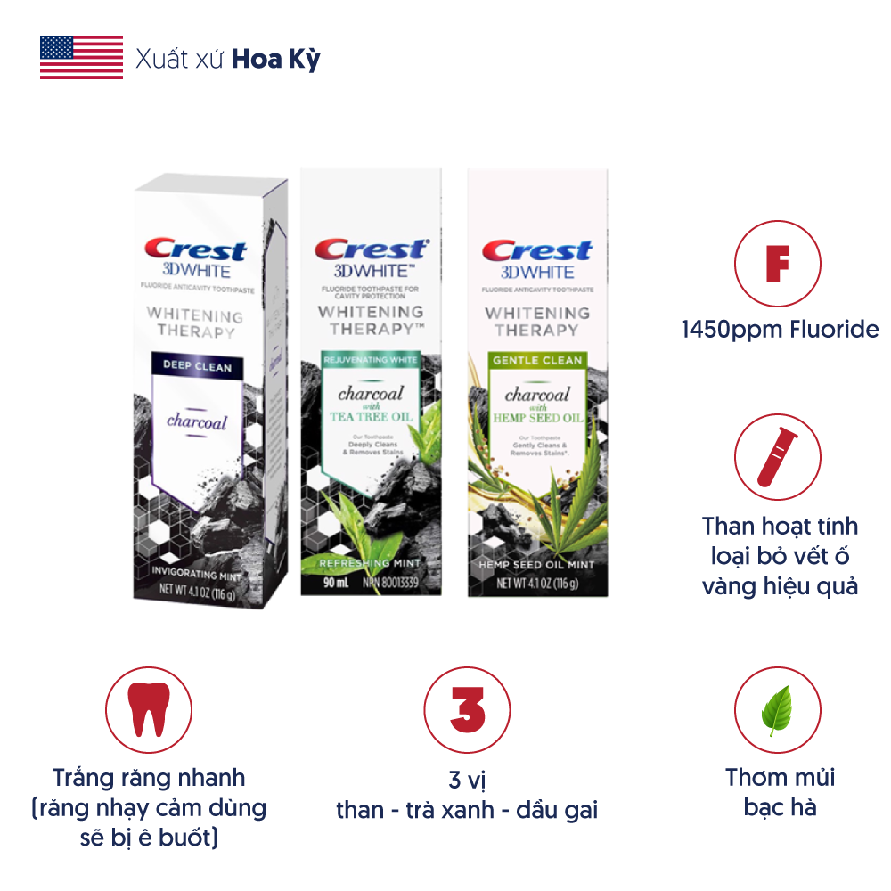 Kem đánh răng Crest 3D Whitening Therapy Charcoal 116g