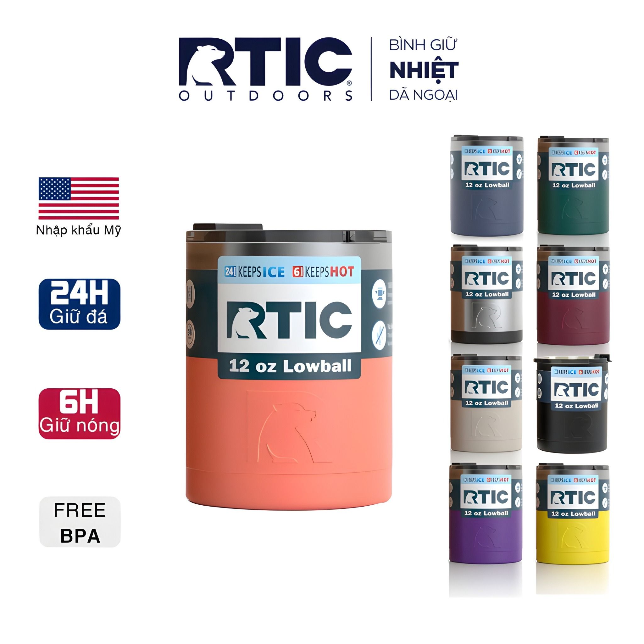 Ly Giữ Nhiệt RTIC Lowball Tumbler 350ml 12oz Made in USA - Nhiều màu