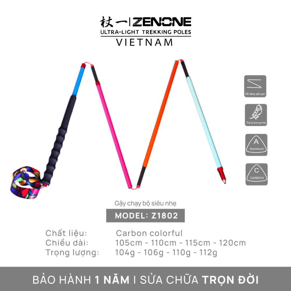 Gậy leo núi chạy trail siêu nhẹ bền chắc Zenone Z1802 Carbon colorful