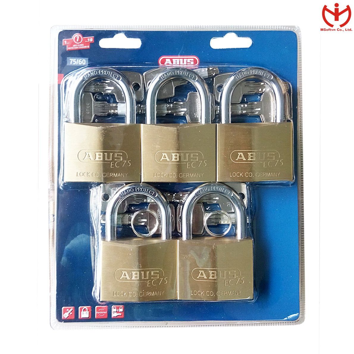 Bộ 5 Ổ Khóa ABUS EC 75/60 MK5 Thân Đồng Rộng 60mm Chìa Vi Tính 3 Chìa Chủ - MSOFT