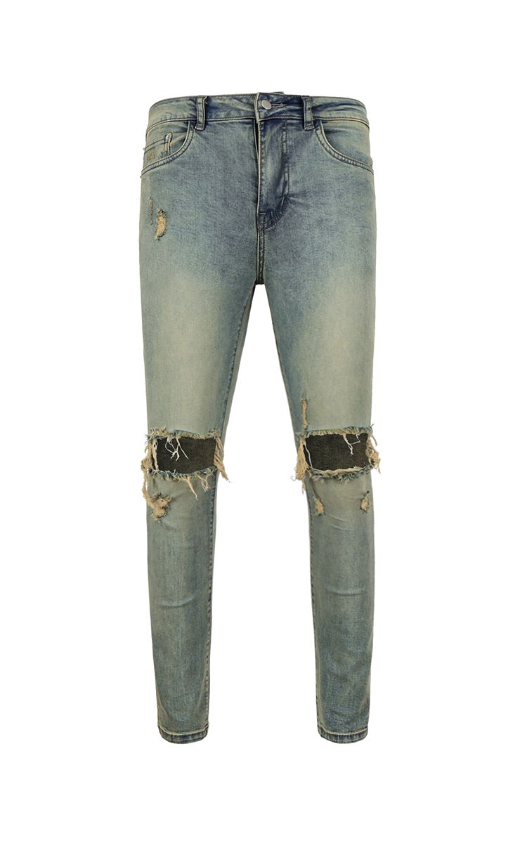 Skinny Jeans With Knee Rips In Vintage Dirty Wash Blue