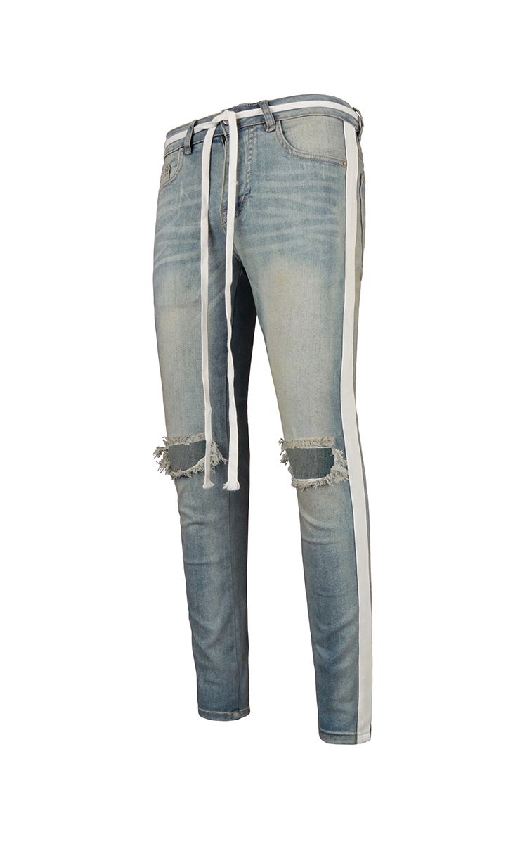 Knee Rips Skinny Jeans With Side Stripe In Blue