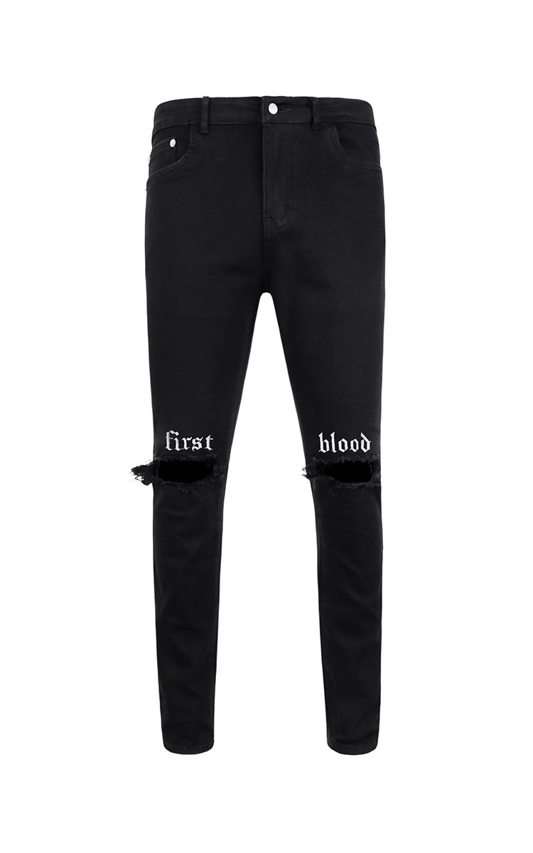 First Blood Embroidered Skinny Jeans With Knee Rips In Black