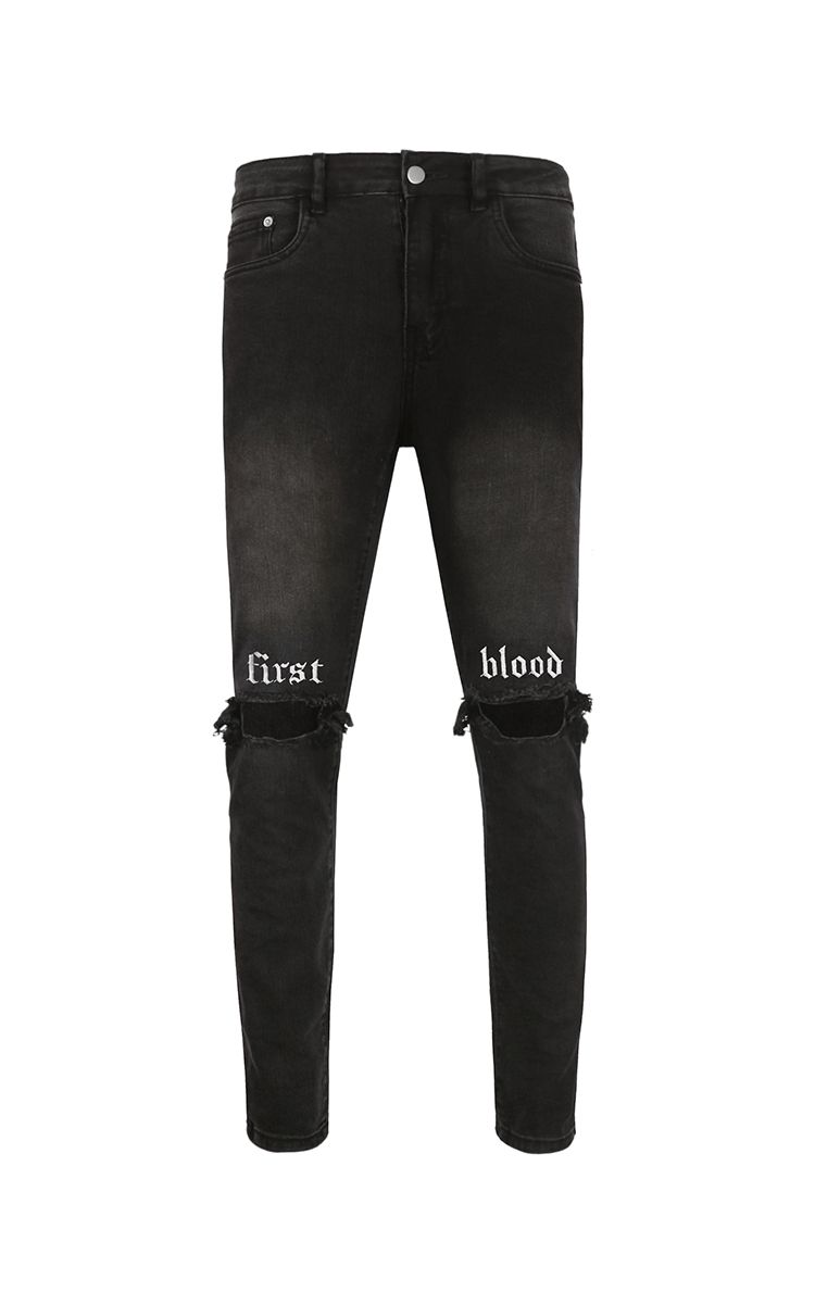 First Blood Embroidered Skinny Jeans With Knee Rips In Grey