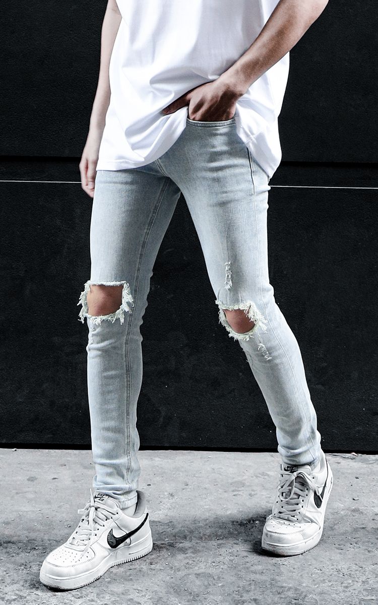 Skinny Jeans With Knee Rips In Mid Wash Blue