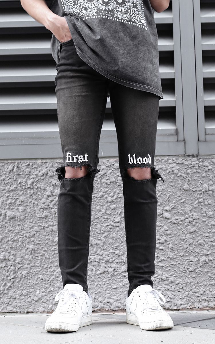 First Blood Embroidered Skinny Jeans With Knee Rips In Grey