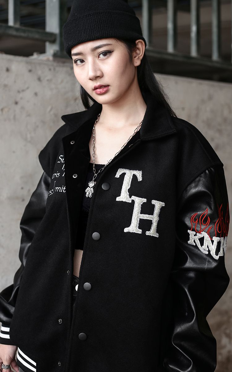 Templar Ankh Leather Collar Varsity Jacket In Black