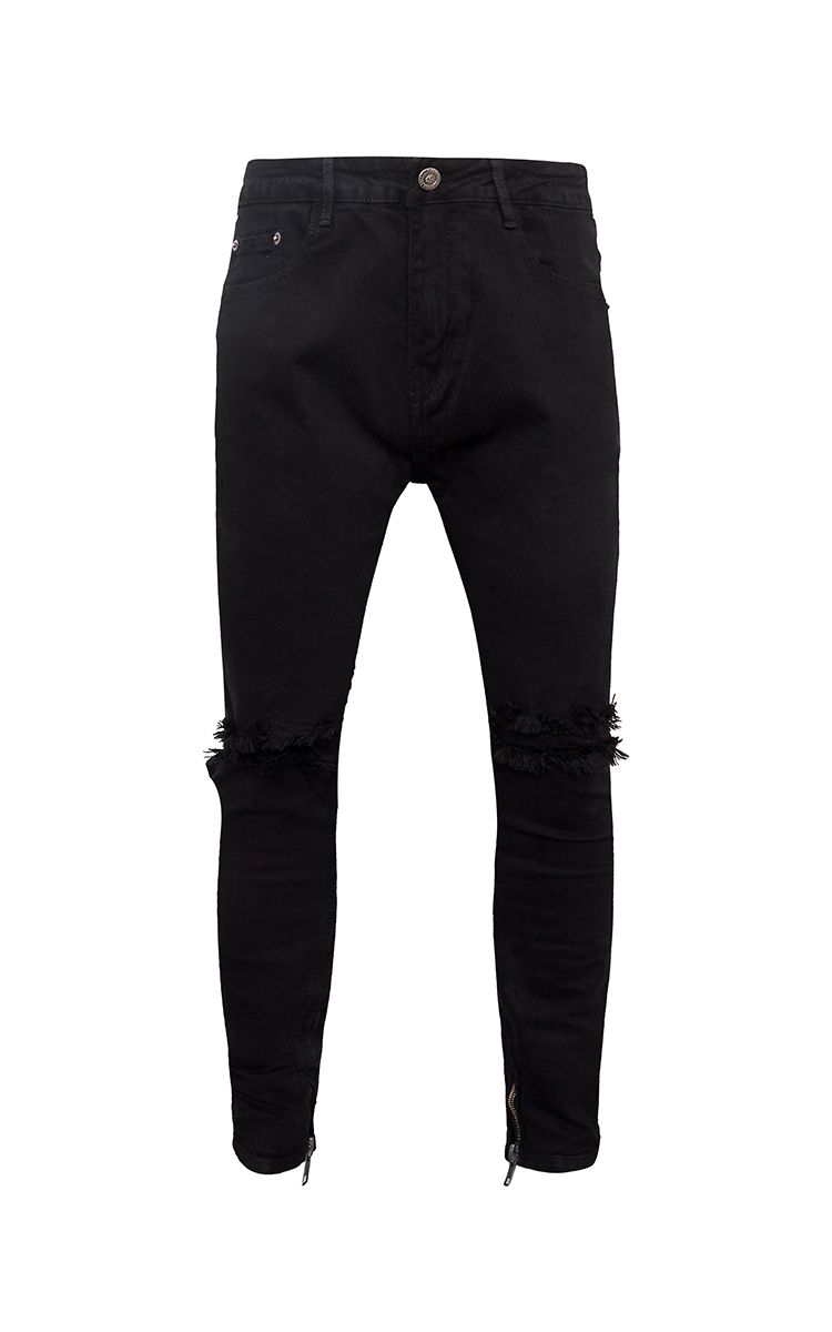 Zip Ripped Knee Skinny Jeans In Black