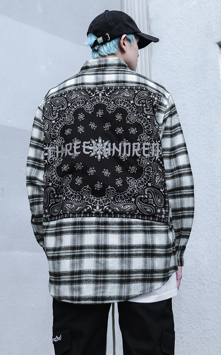 Three Hundred Embroidered Bandana Flannel Shirt In Black White