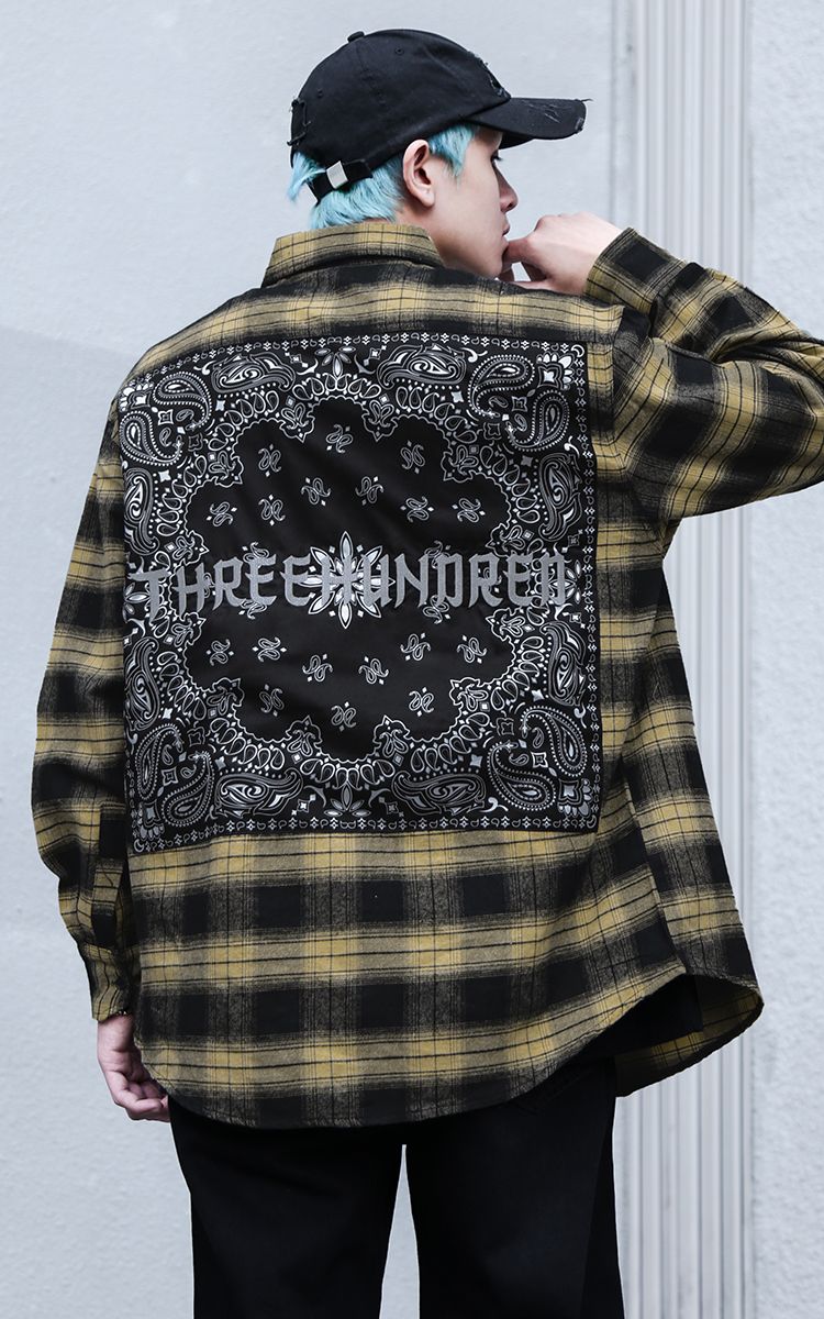 Three Hundred Embroidered Bandana Flannel Shirt In Black Yellow