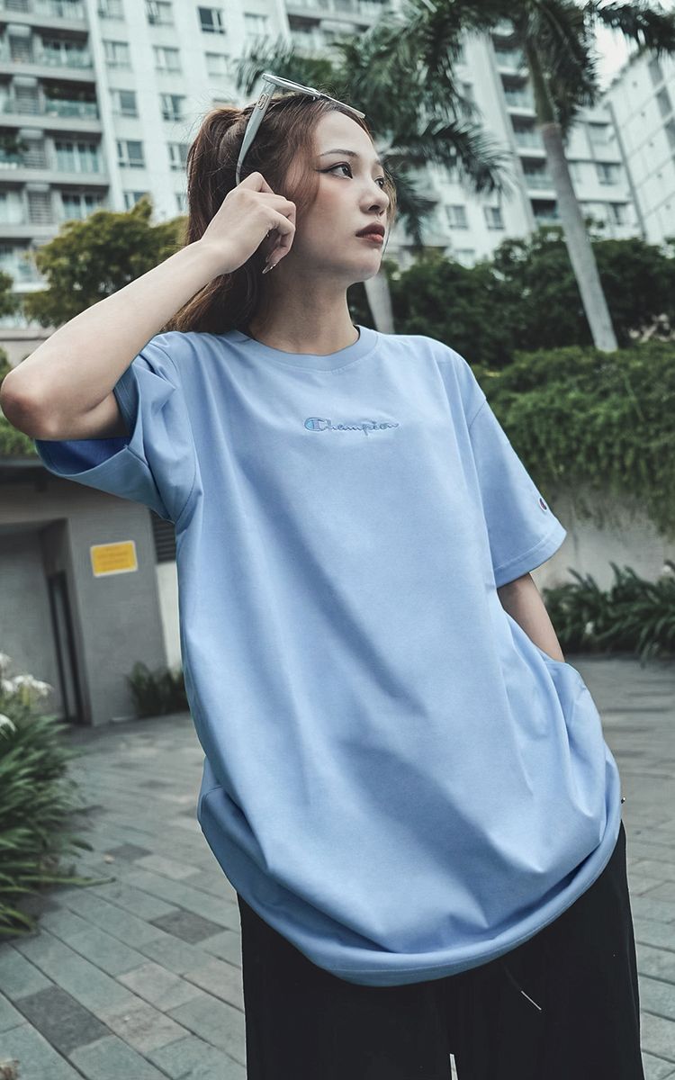 Champion Embroidered Logo In the Middle T-Shirt In Light Sky Blue