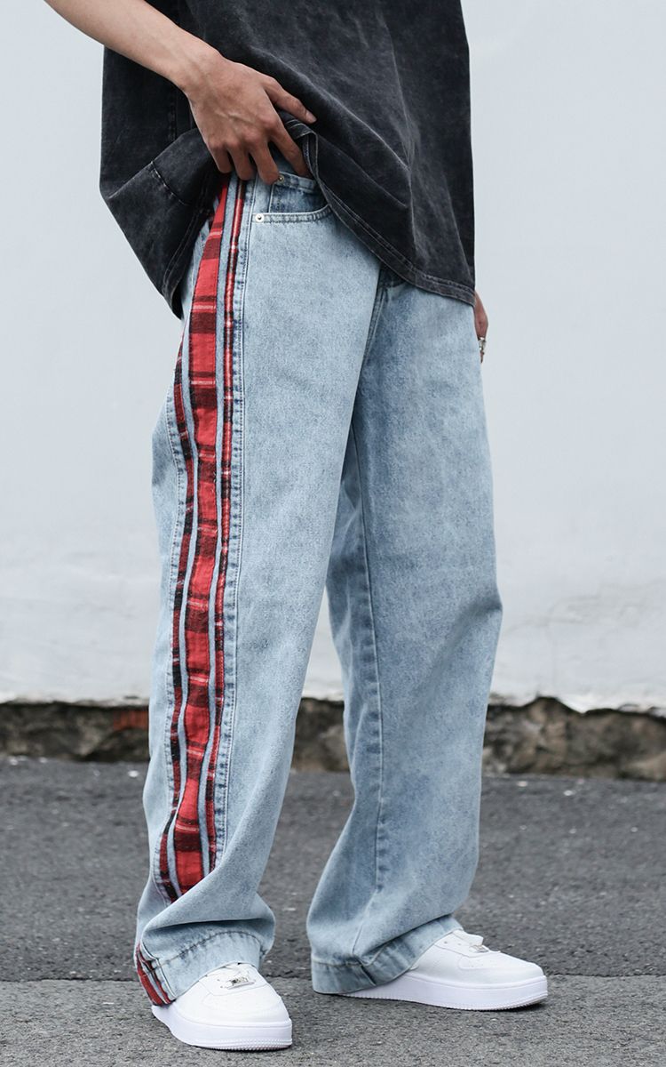 Blue Baggy Jean With Red Side Striped Flannel