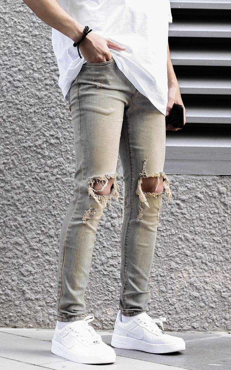 Skinny Jeans With Knee Rips In Vintage Dirty Wash Blue