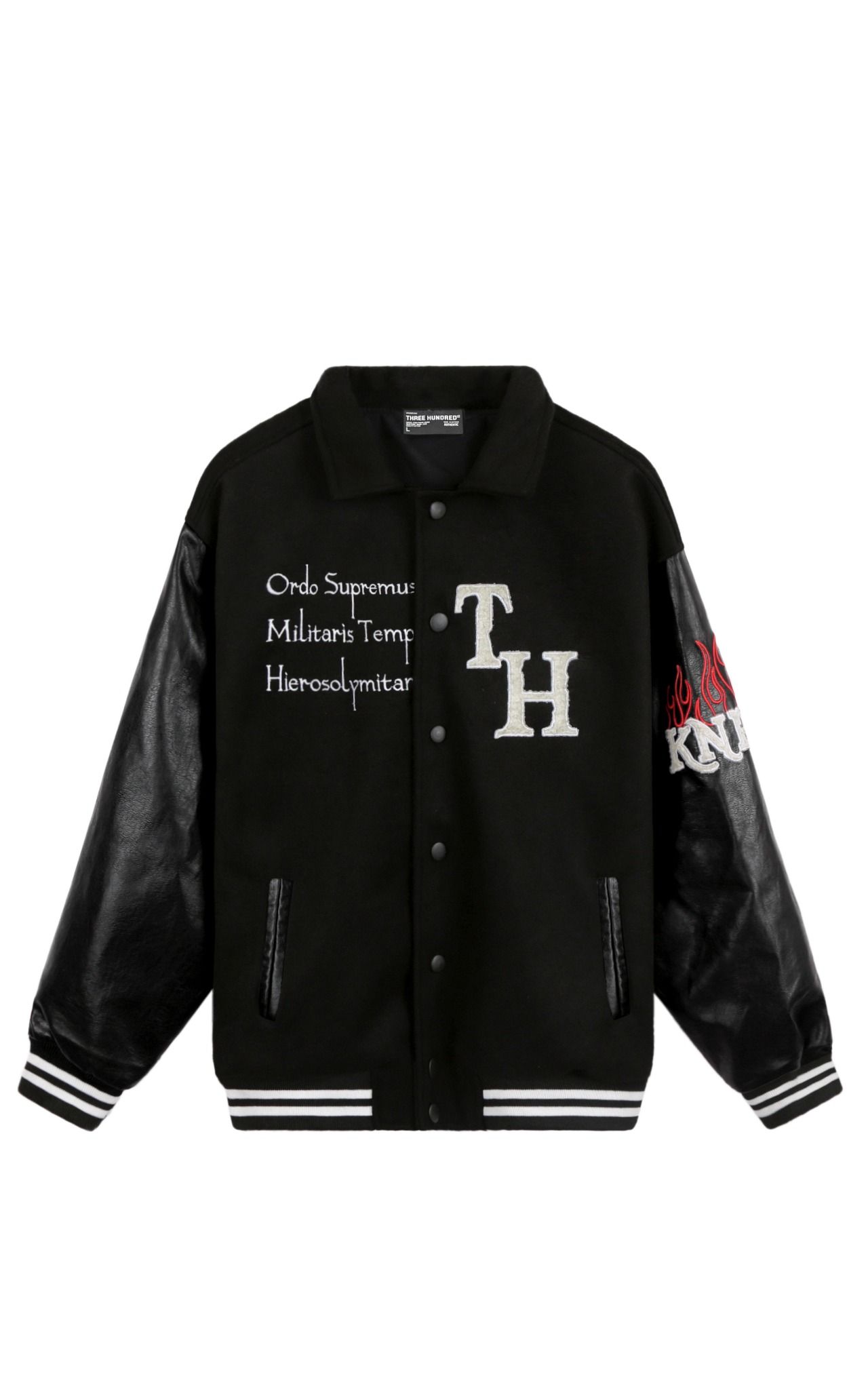 Templar Ankh Leather Collar Varsity Jacket In Black