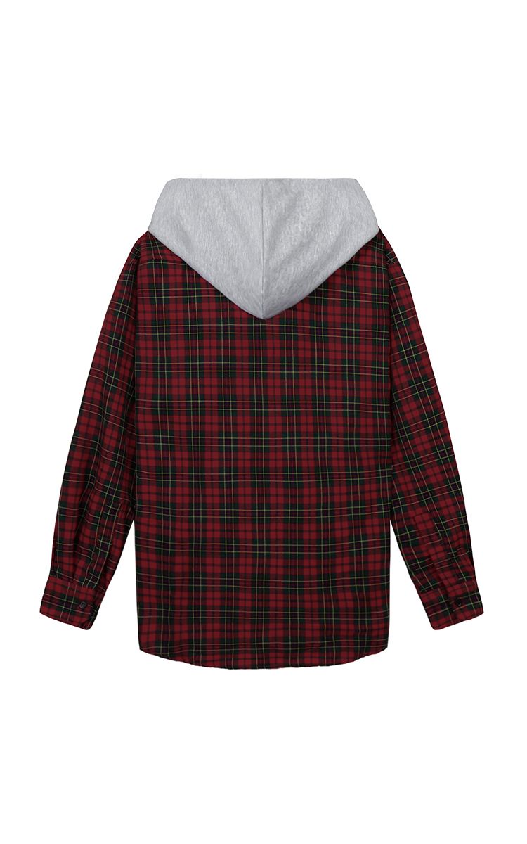 Hooded Flannel Shirt Jacket In Red Green