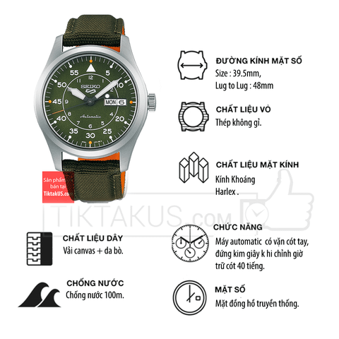 Seiko 5 quân đội 2022 SRPH29K1 size 39.5mm 4R36 automatic.