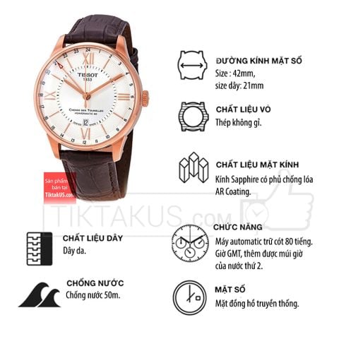 Đồng hồ Tissot GMT Chemin des Tourelles Automatic Power Matic 80 T099.429.36.038.00 vàng hồng Rose Gold ( T0994293603800)