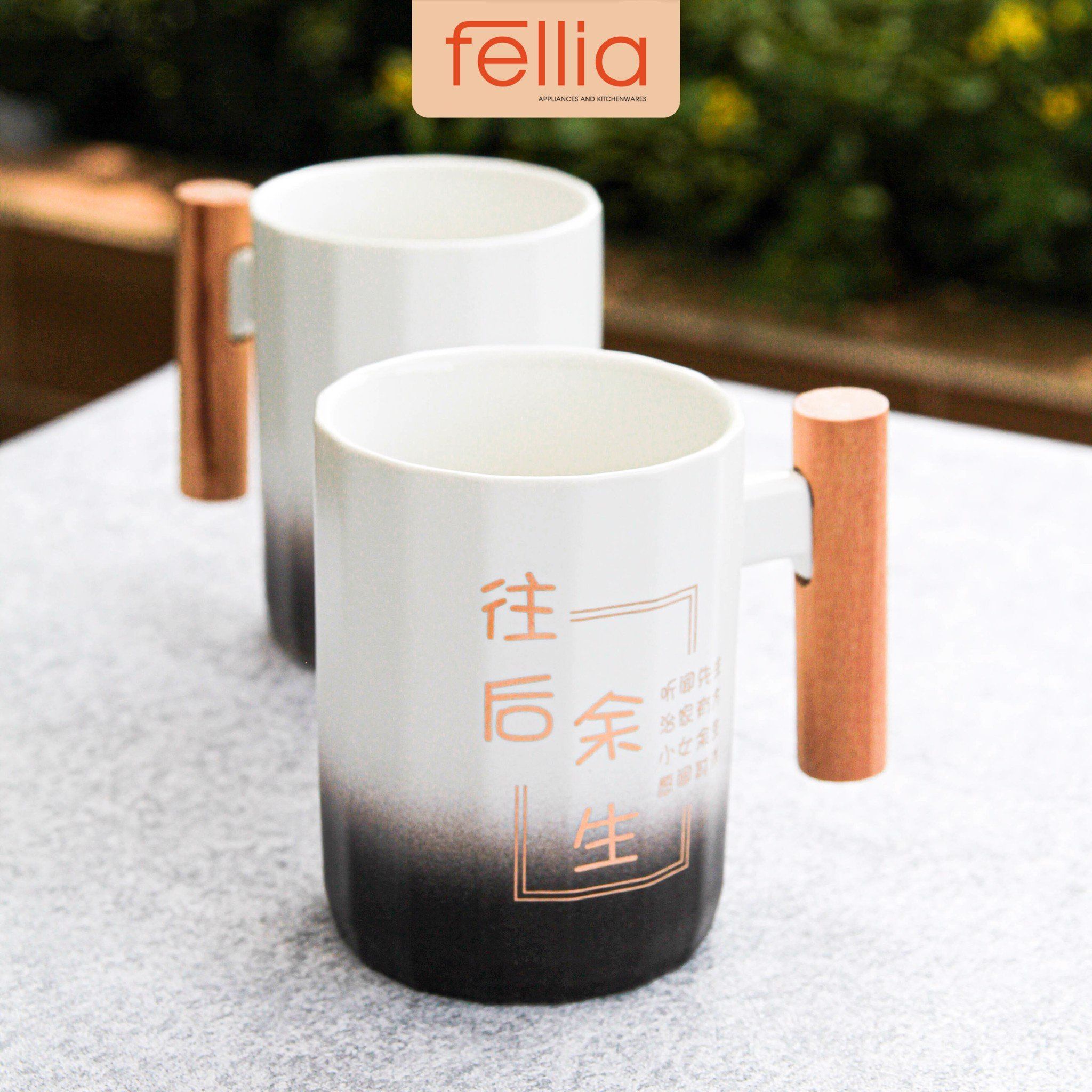 Ly sứ chữ Nhật Fellia tay cầm bằng gỗ cách nhiệt 400ml _FEL10990