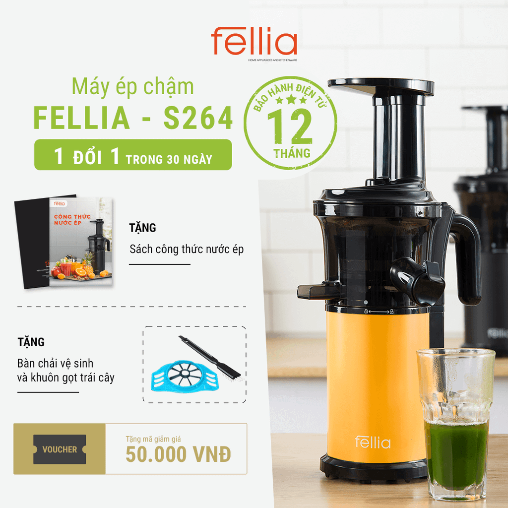Máy ép chậm Fellia S264 (200W) - Vàng/Đen