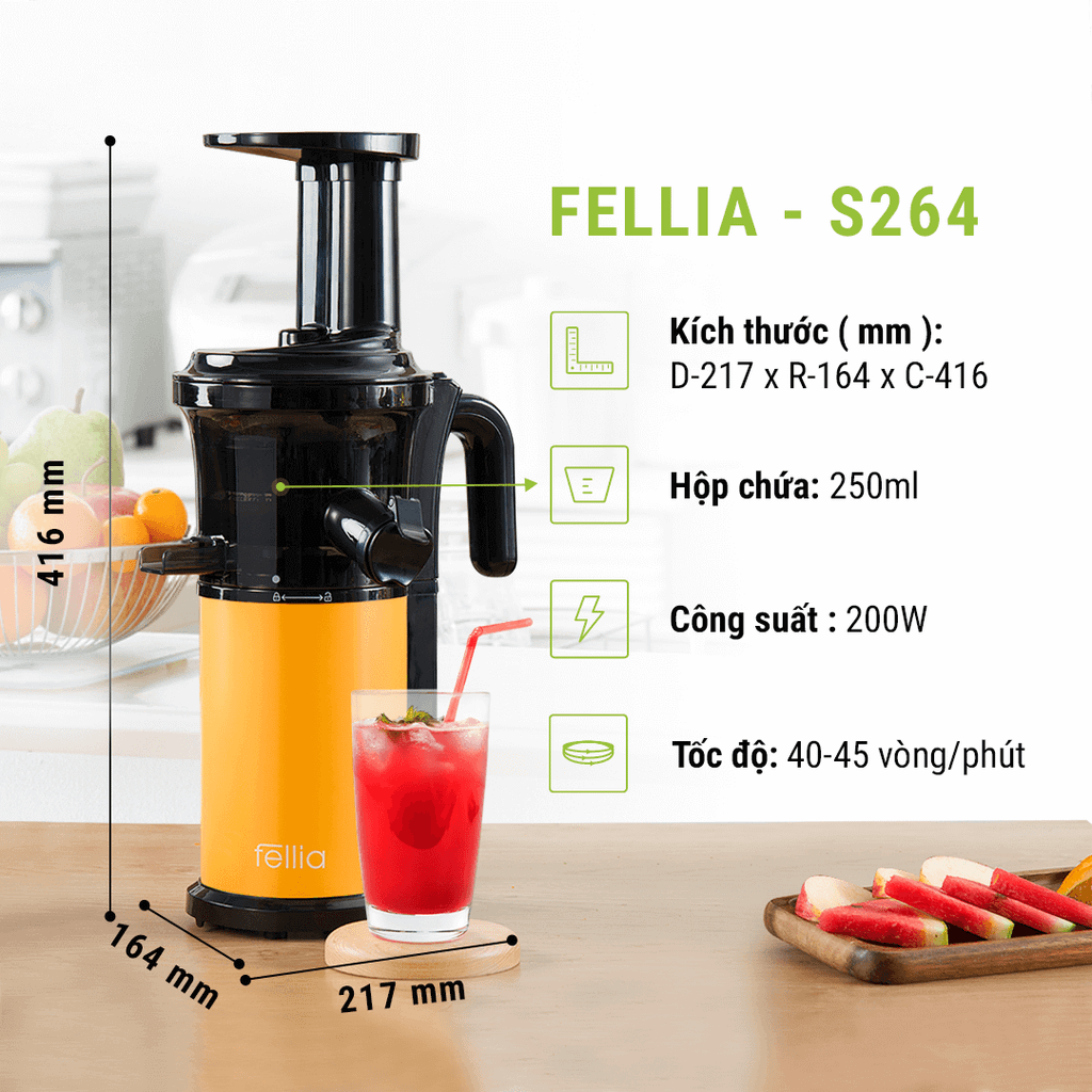 Máy ép chậm Fellia S264 (200W) - Vàng/Đen