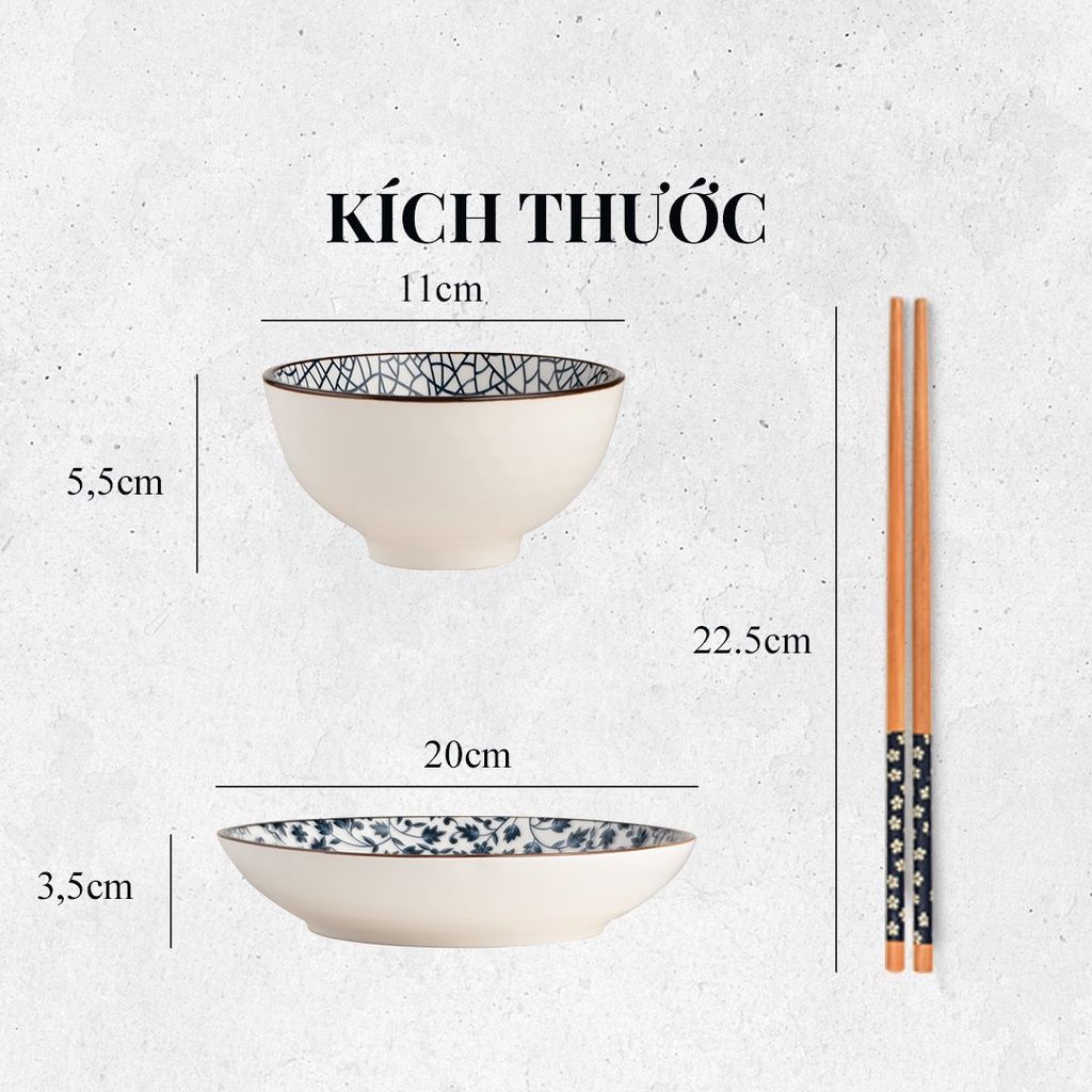 Combo 2 bộ chén dĩa sứ cao cấp Fellia (4 chén, 4 đĩa, 4 đũa tre)