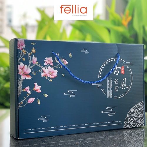 Combo 2 bộ chén dĩa sứ cao cấp Fellia (4 chén, 4 đĩa, 4 đũa tre)
