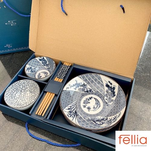 Combo 2 bộ chén dĩa sứ cao cấp Fellia (4 chén, 4 đĩa, 4 đũa tre)