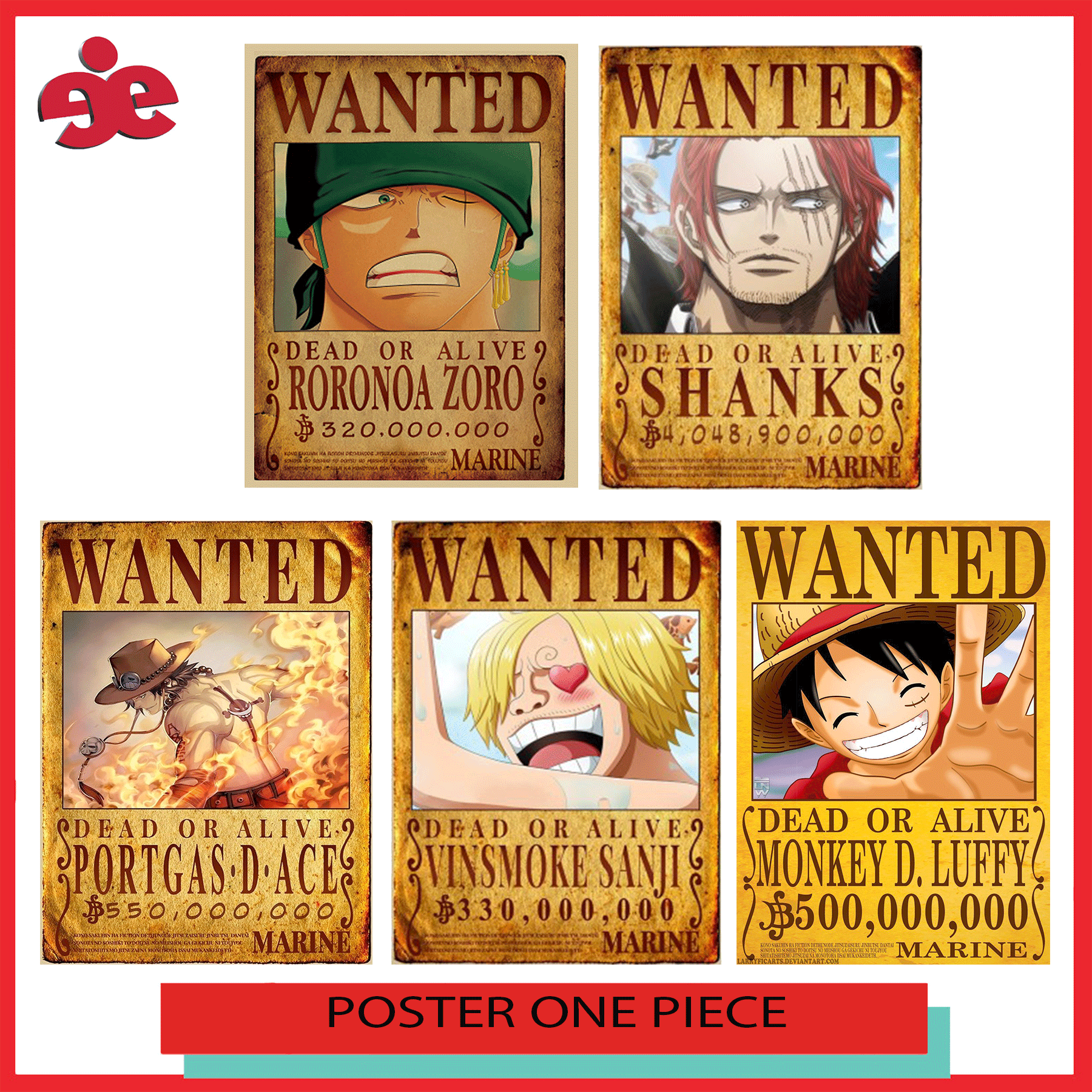 Bộ 5 hình Poster truy nã  One Piece đảo hải tặc