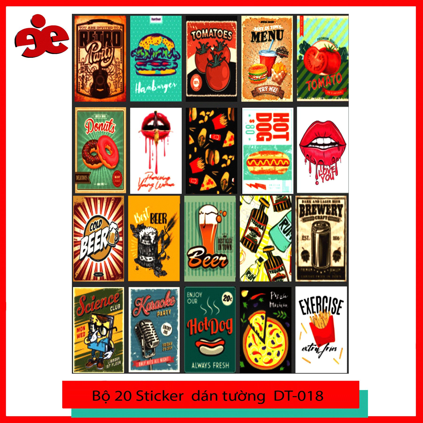 BỘ 20 STICKER DÁN TƯỜNG MÀU DT-018 TRANG TRÍ DECOR PHÒNG, VINTAGE CÁ TÍNH