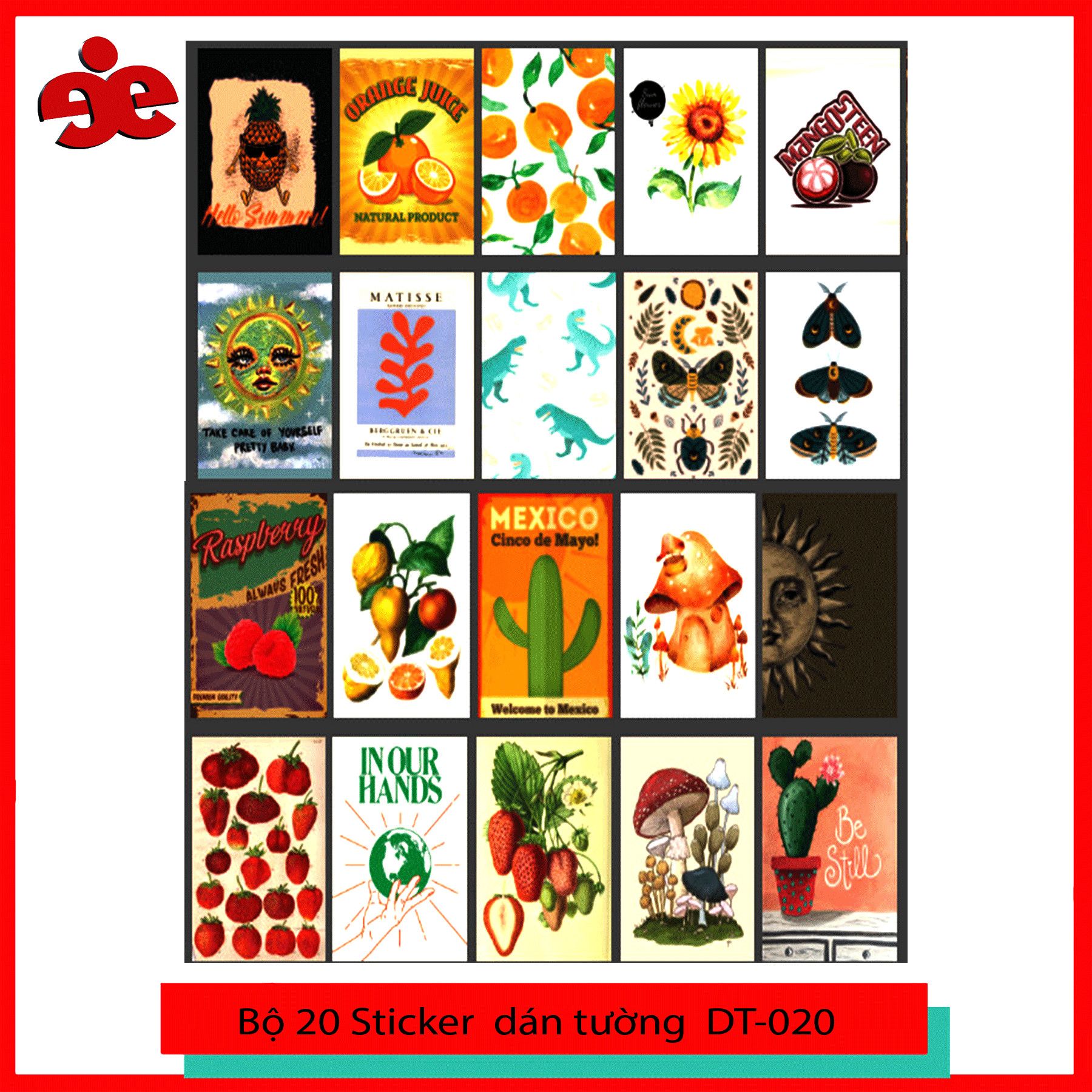 BỘ 20 STICKER DÁN TƯỜNG MÀU DT-020 TRANG TRÍ DECOR PHÒNG, VINTAGE CÁ TÍNH