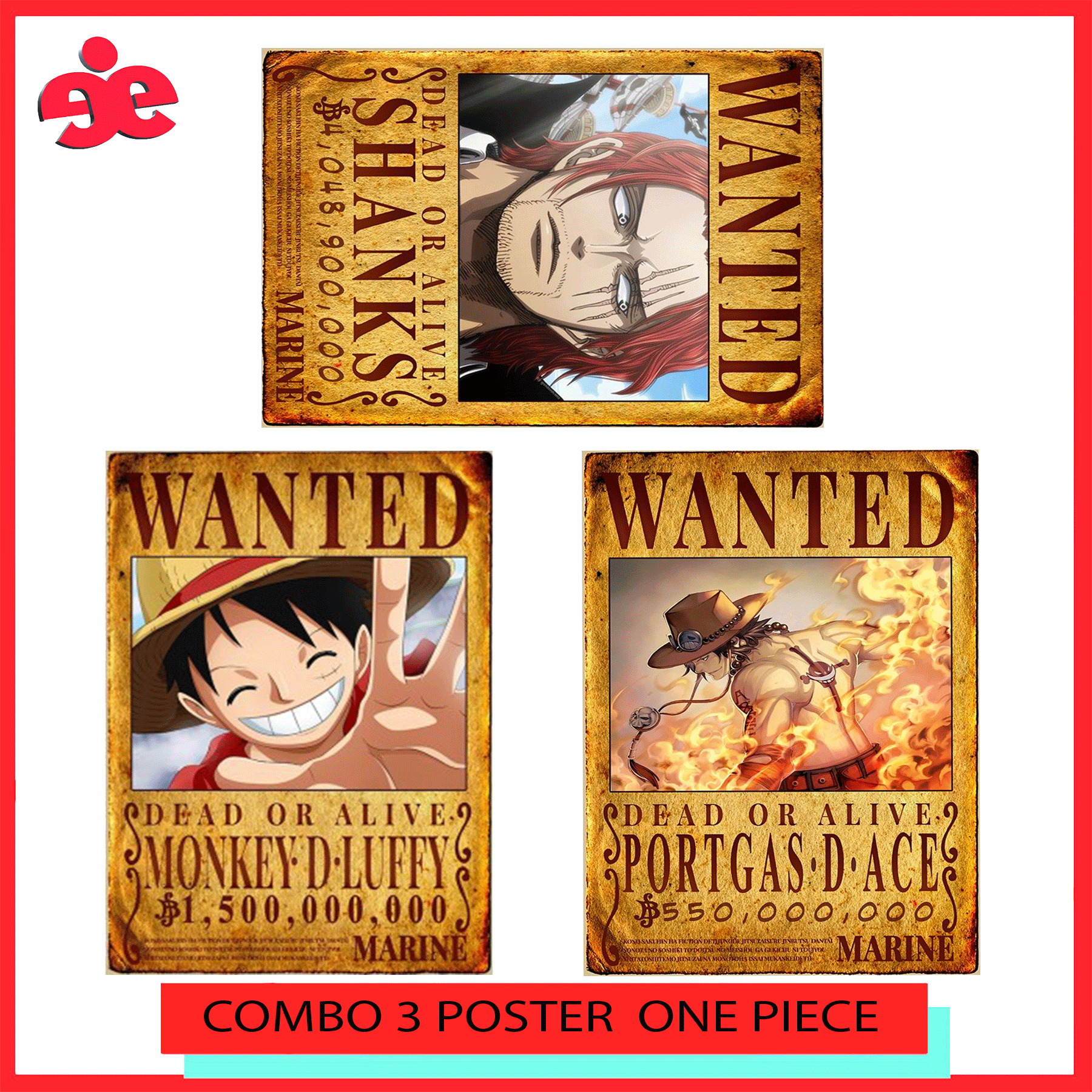 Bộ sản phẩm COMBO 3 POSTER TRUY NÃ NHÂN VẬT ONE PIECE