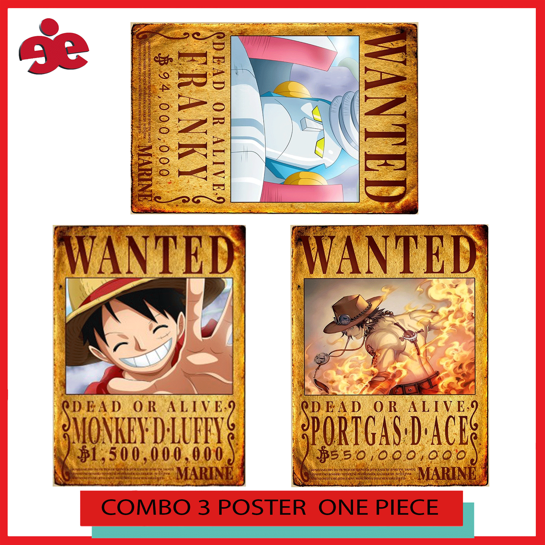 Bộ sản phẩm COMBO 3 POSTER TRUY NÃ NHÂN VẬT ONE PIECE