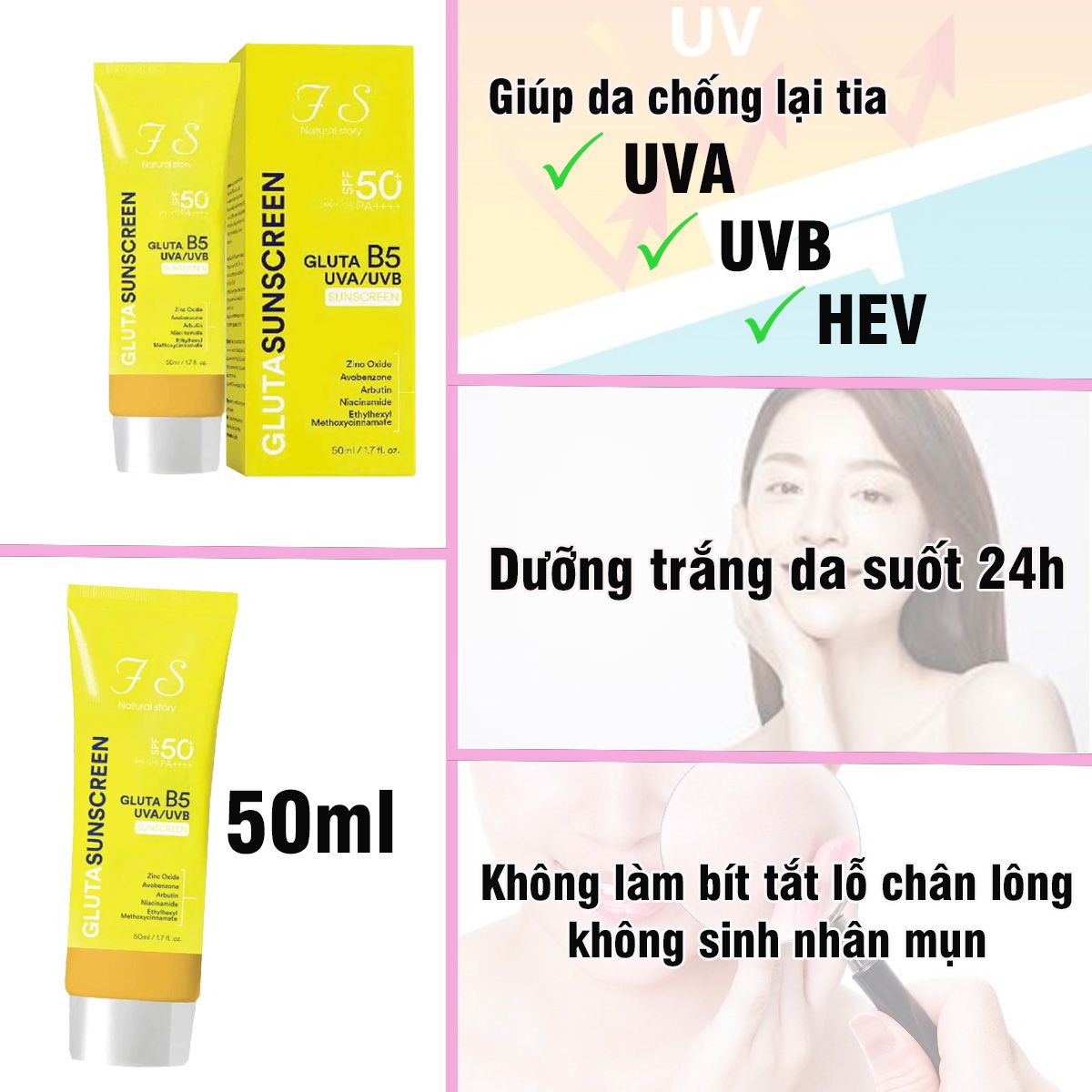 Kem chống nắng B5 FS GLUTA SPF50+ PA++++ nâng tone, chống nắng hiệu quả - V193