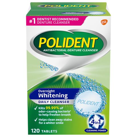 Thuốc vệ sinh hàm răng giả Polident Overnight Whitening Antibacterial Denture Cleanser - 120 viên