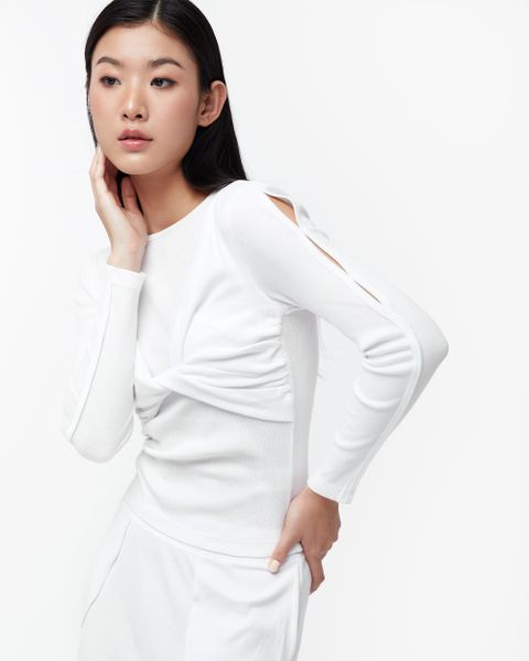 Long Sleeve Double Twist Top - Signature White Rib