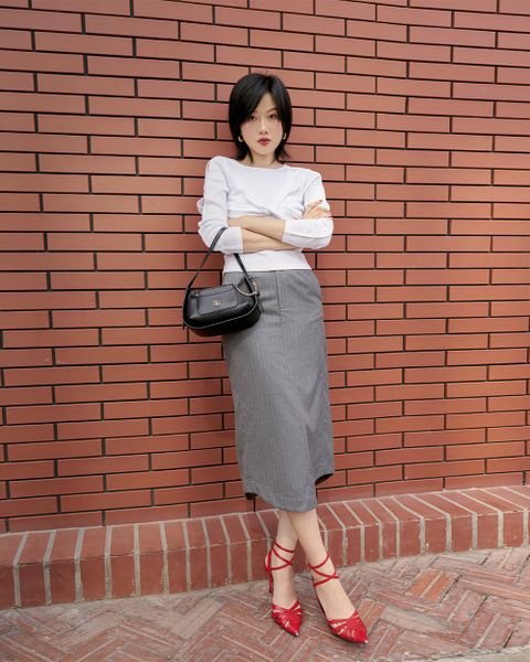 Tailor Midi Skirt - Grey Pinstripe