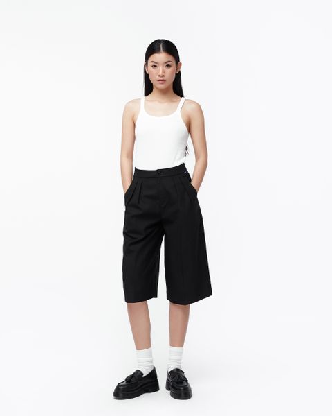 Wide Leg Shorts - Black Cotton