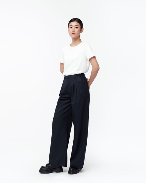 Wooly Pleated Trousers - Navy Pinstripe