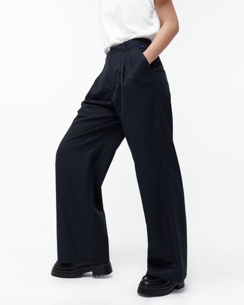 Wooly Pleated Trousers - Navy Pinstripe