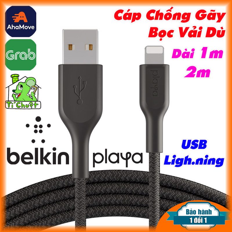 Cáp Lightning BELKIN PLAYA Nylon Braided MFi 1m/2m Dây Dù Chống Gãy