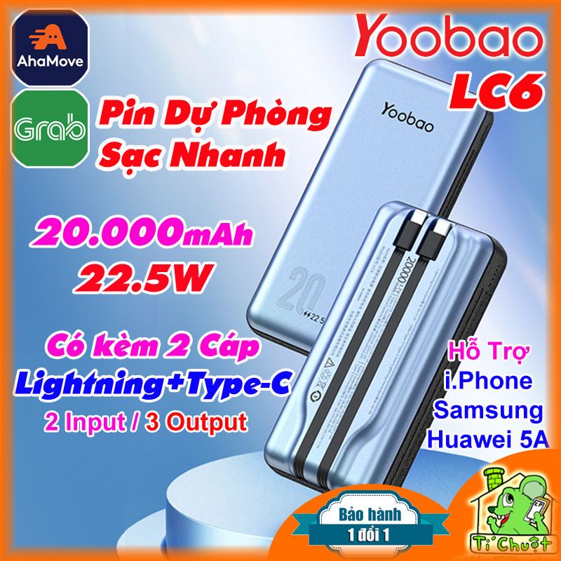 Pin Dự Phòng YOOBAO LC6 20.000mAh Sạc Nhanh 22.5W tích hợp 2 cáp Lightning+Type-C